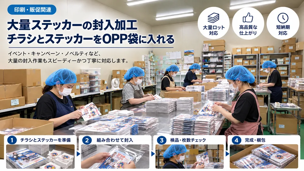 ステッカーとチラシをOPP袋に封入する作業の様子