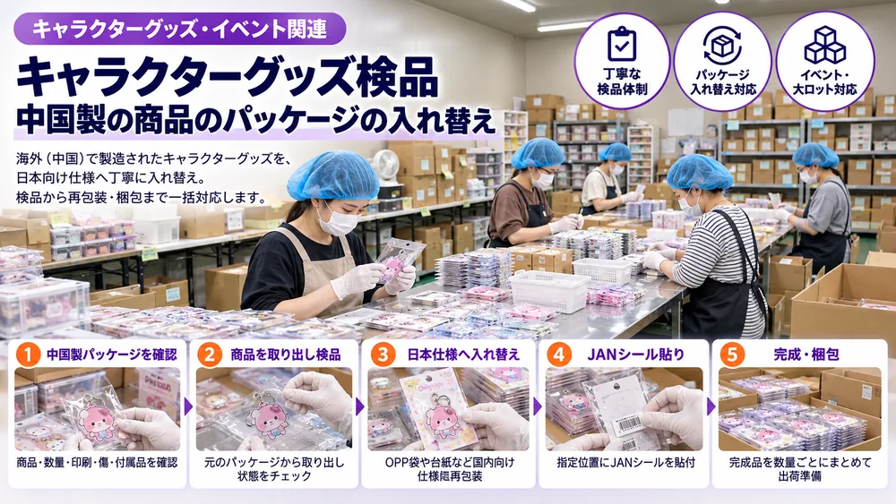 キャラクターグッズの検品・アッセンブリー作業の様子