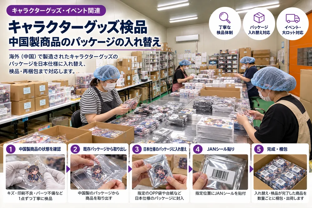 キャラクターグッズのパッケージ入れ替え作業の様子