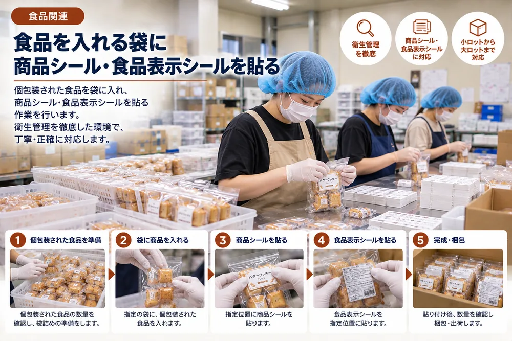 食品の袋にシールを貼る作業の様子